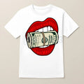Oversized Red Lips Biting Cash Roll Graphic Tee - Edgy Streetwear Shirt, Luxury Lifestyle Apparel