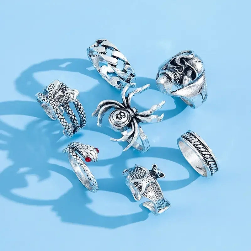 Punk Gothic Skeleton Unisex Ring Set Grunge Butterfly Frog Woman Man Jewelry Hip Hop Party Street Ring 2024 New Jewelry Gift