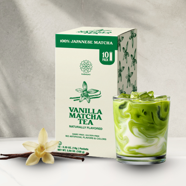 Harmony Matcha Vanilla, Premium Shade-Grown Japanese Matcha, Sweetened with Organic Sugar, 10 Count Per Carton