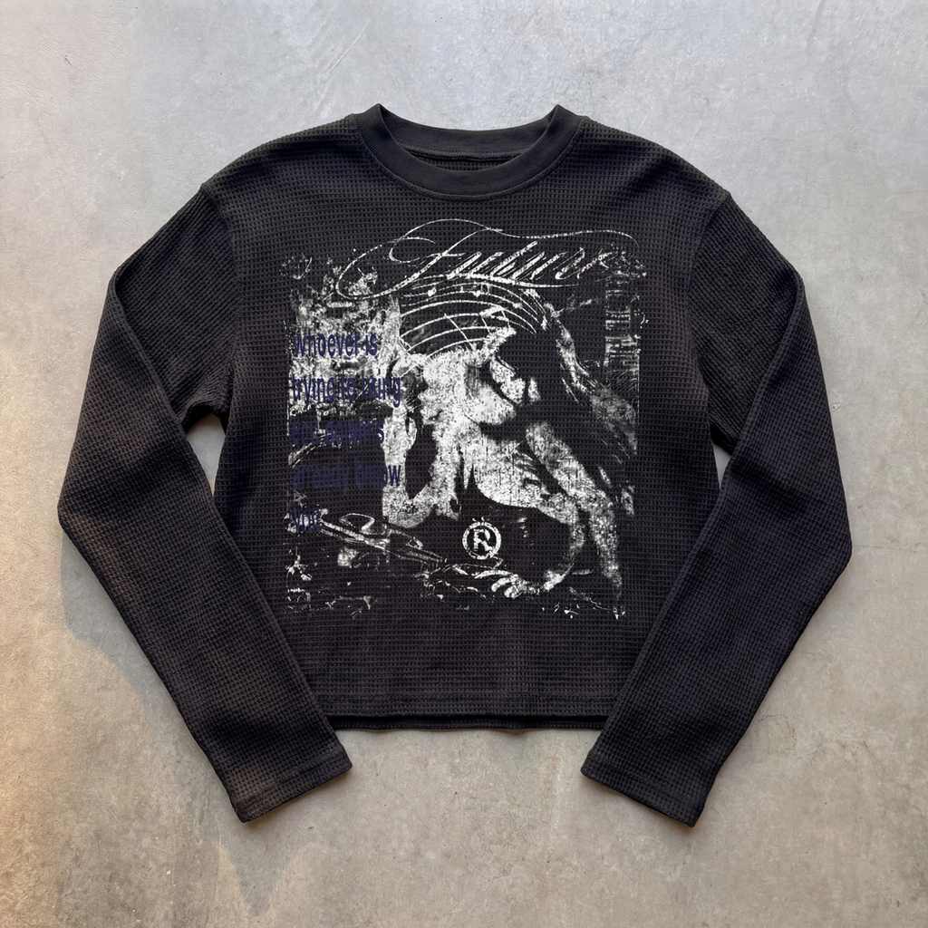 Faith Waffle Knit Cropped 290GSM Long Sleeve Shirt Streetwear Graphic Y2K Unisex Crew Neck Cotton