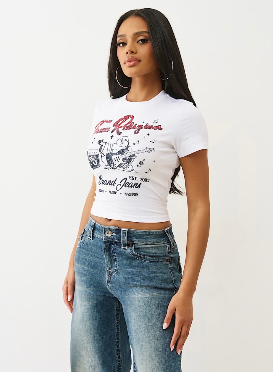True Religion Crystal Buddha Baby Tee – Optic White