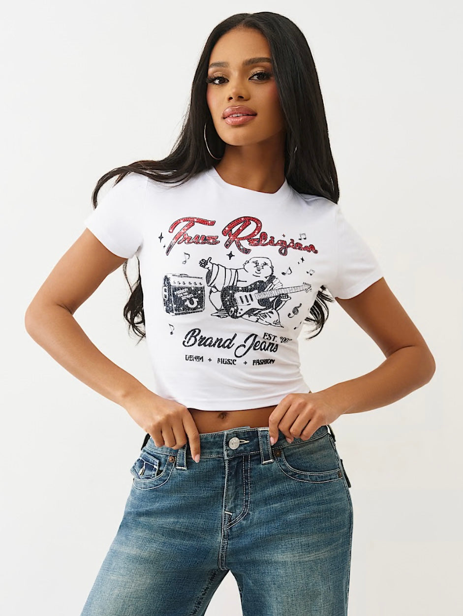 True Religion Crystal Buddha Baby Tee – Optic White