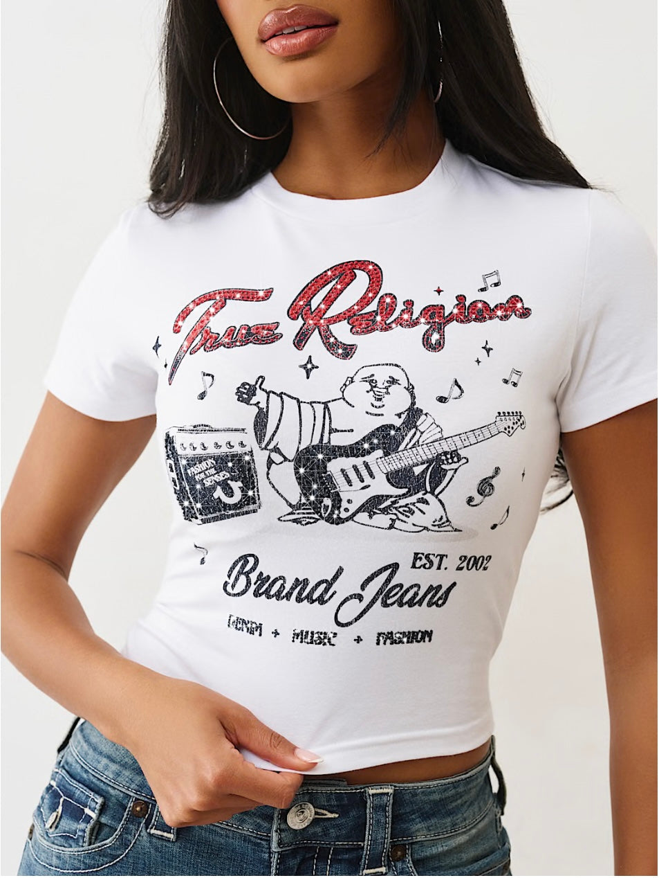True Religion Crystal Buddha Baby Tee – Optic White